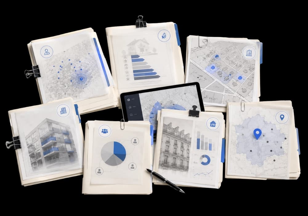Documents immobiliers avec cartes, graphiques et données foncières