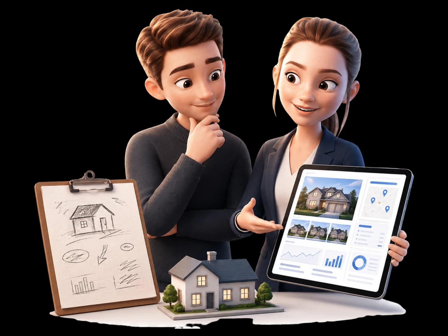 Agent immobilier présentant une analyse data à un vendeur