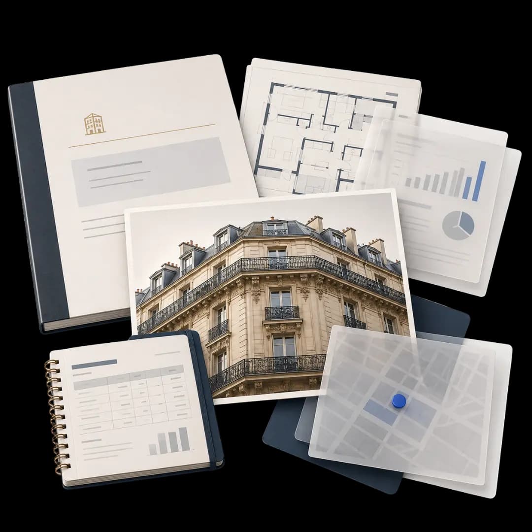 Dossier de copropriété avec immeuble, plan et carte locale
