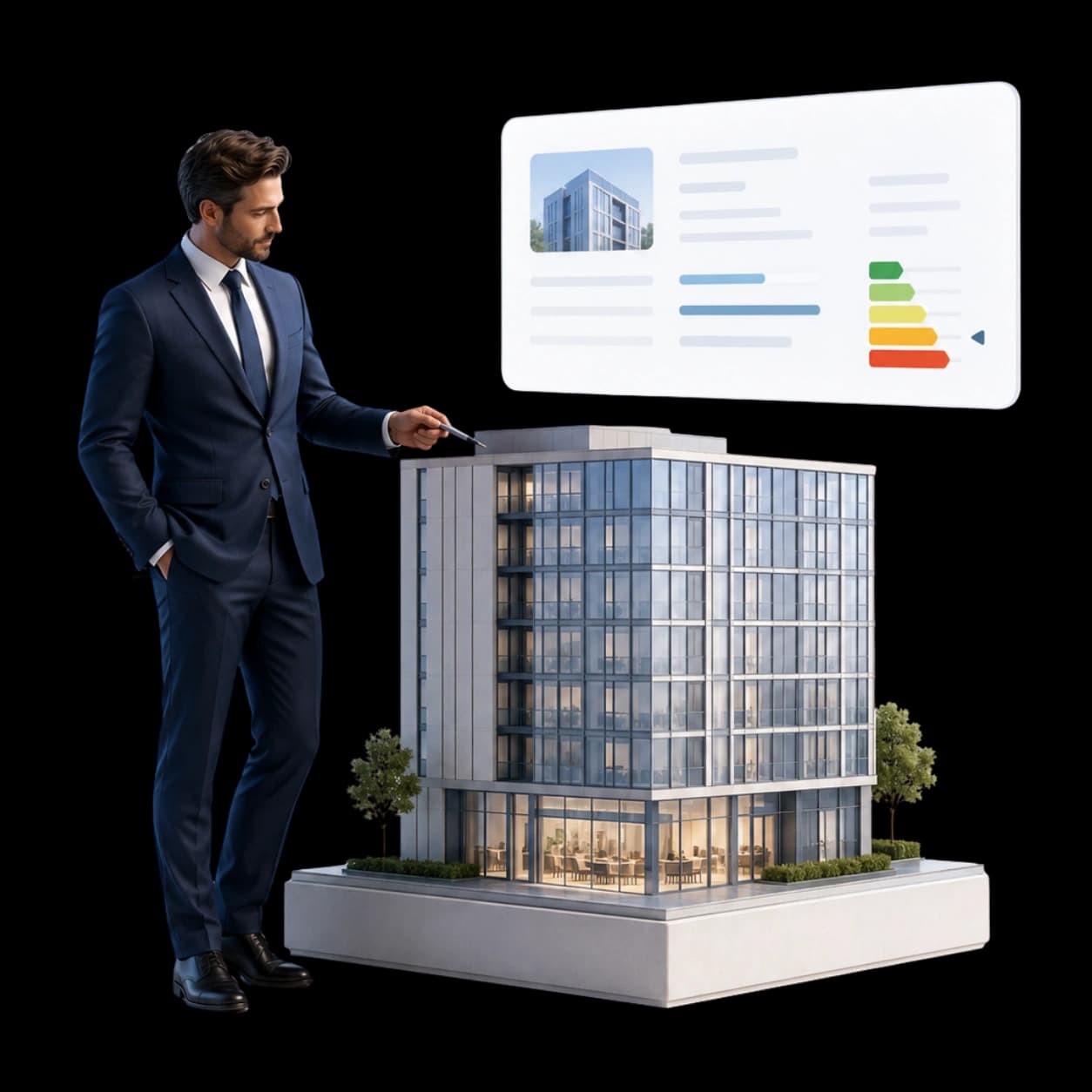 Agent immobilier analysant un bâtiment tertiaire avec diagnostic DPE