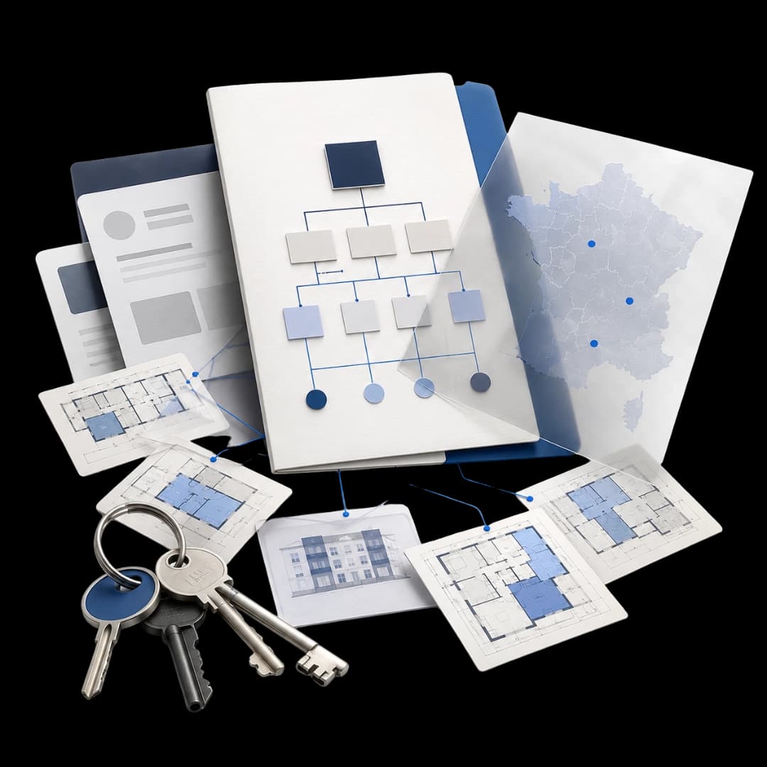 Organigramme de portefeuille immobilier, plans et carte de France