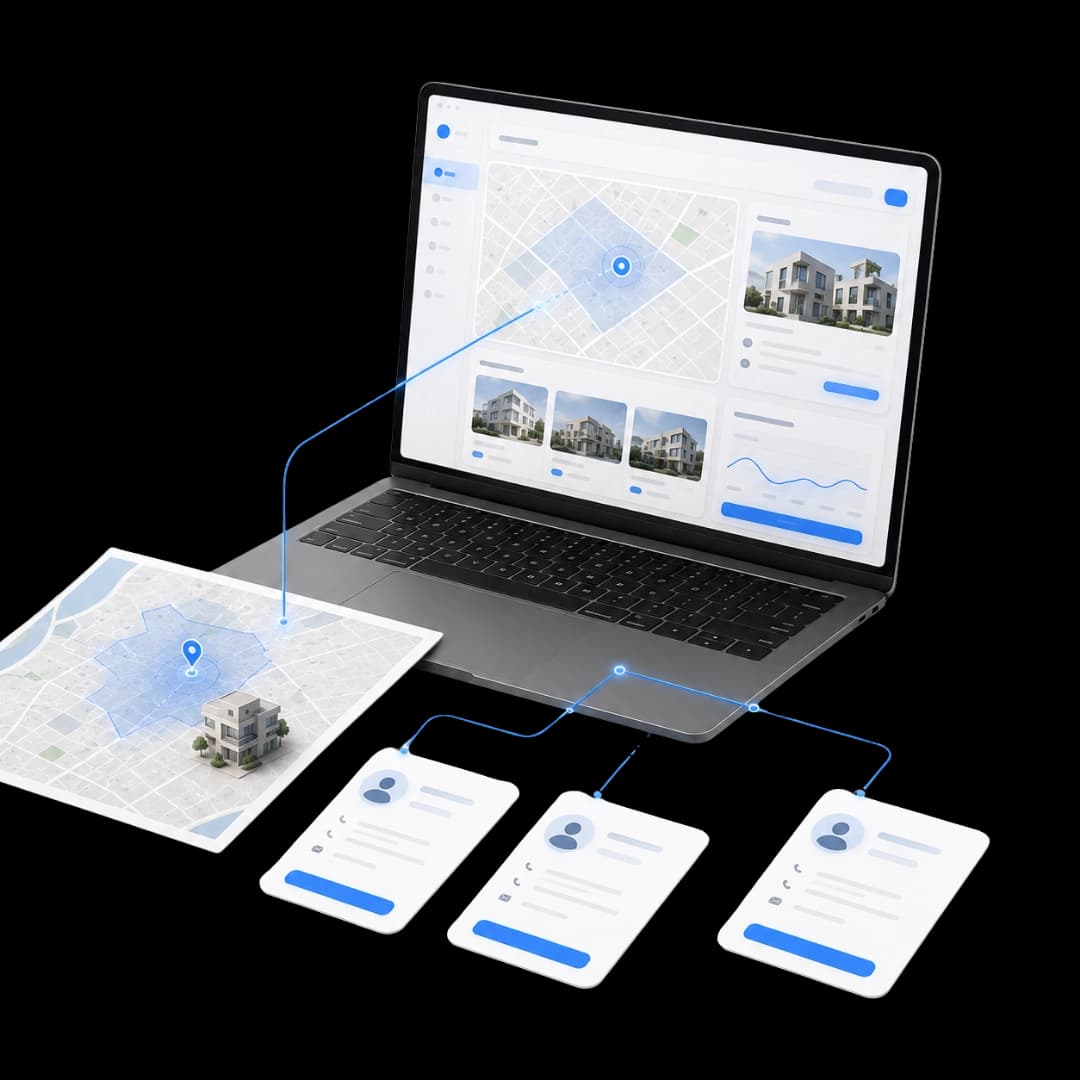 Interface de page locale immobilière avec carte, biens et fiches prospects